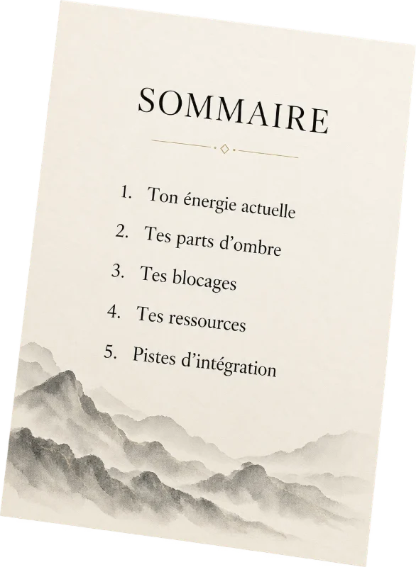 Sommaire : ton énergie actuelle, tes parts d'ombre, tes blocages, tes ressources, pistes d'intégration