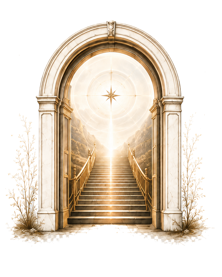 Une porte de marbre ouverte sur un escalier lumineux